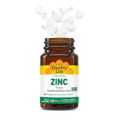 Country Life chelated zinc 50 mg tablets close-up highlighting bioavailability.
