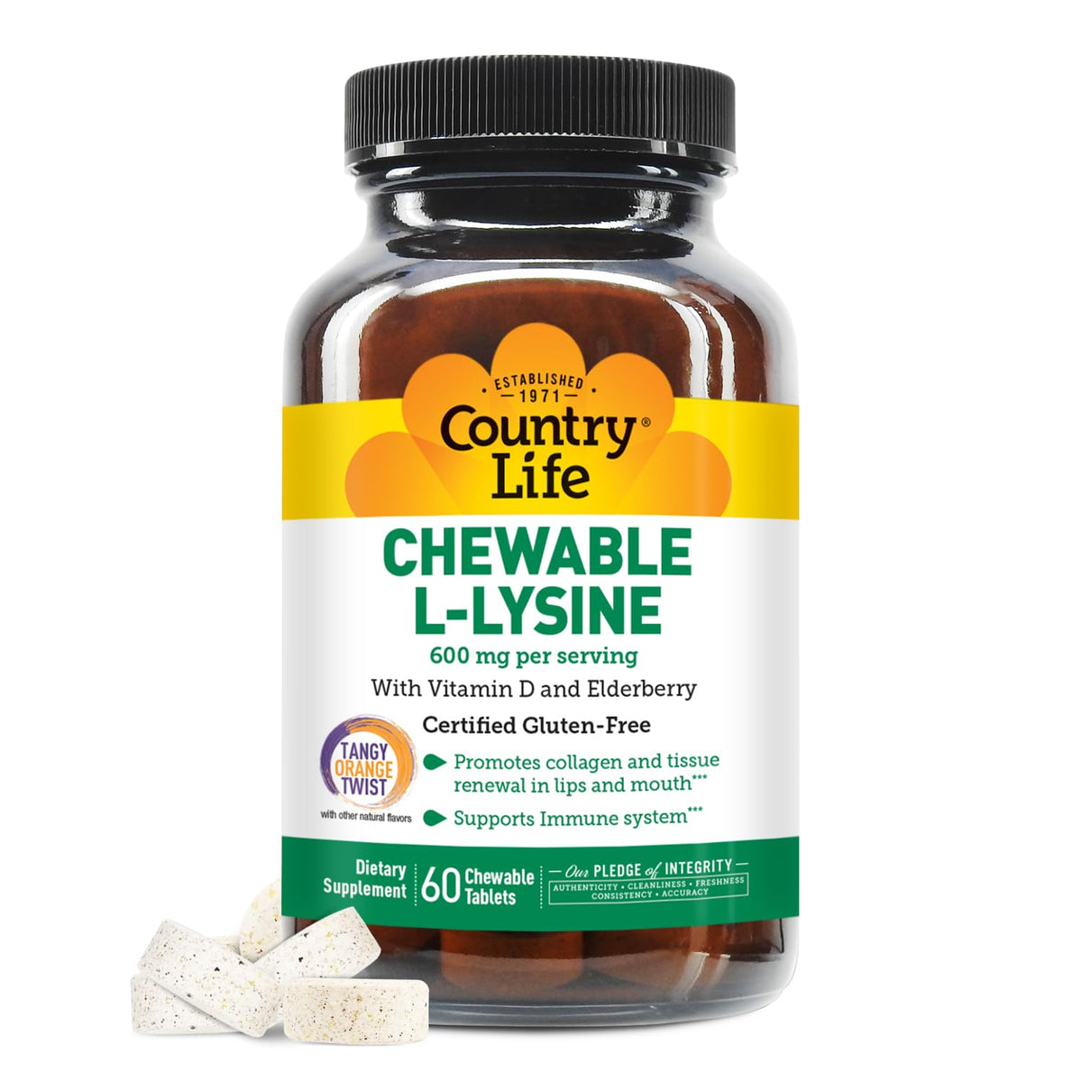 Country Life chewable lysine with vitamin D and elderberry for immune support.