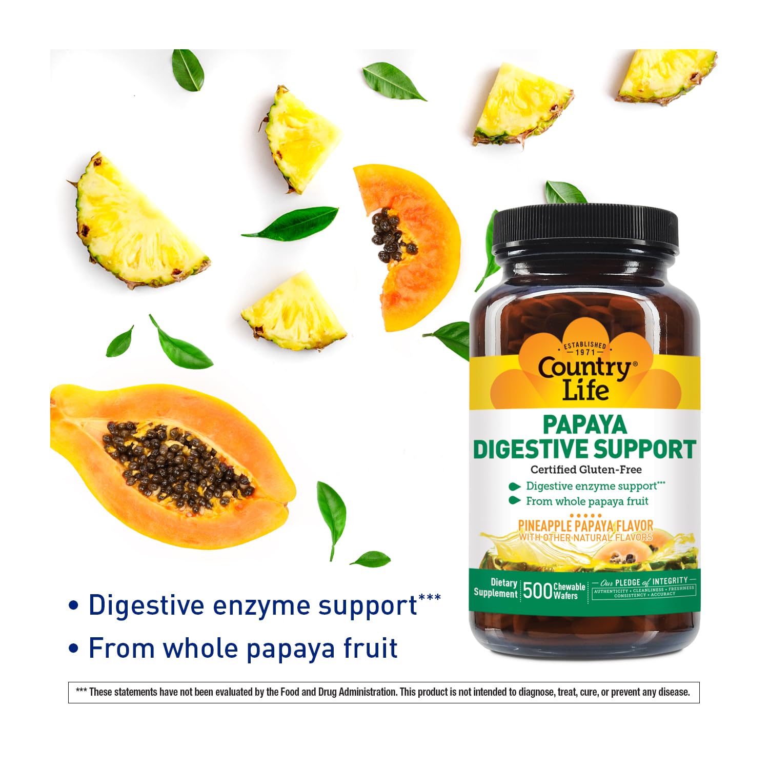 Country Life Papaya Enzymes label close-up showing papain and protease