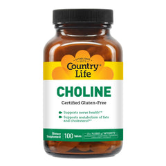 Country Life Choline 266mg bottle shows gluten-free and vegan certifications.