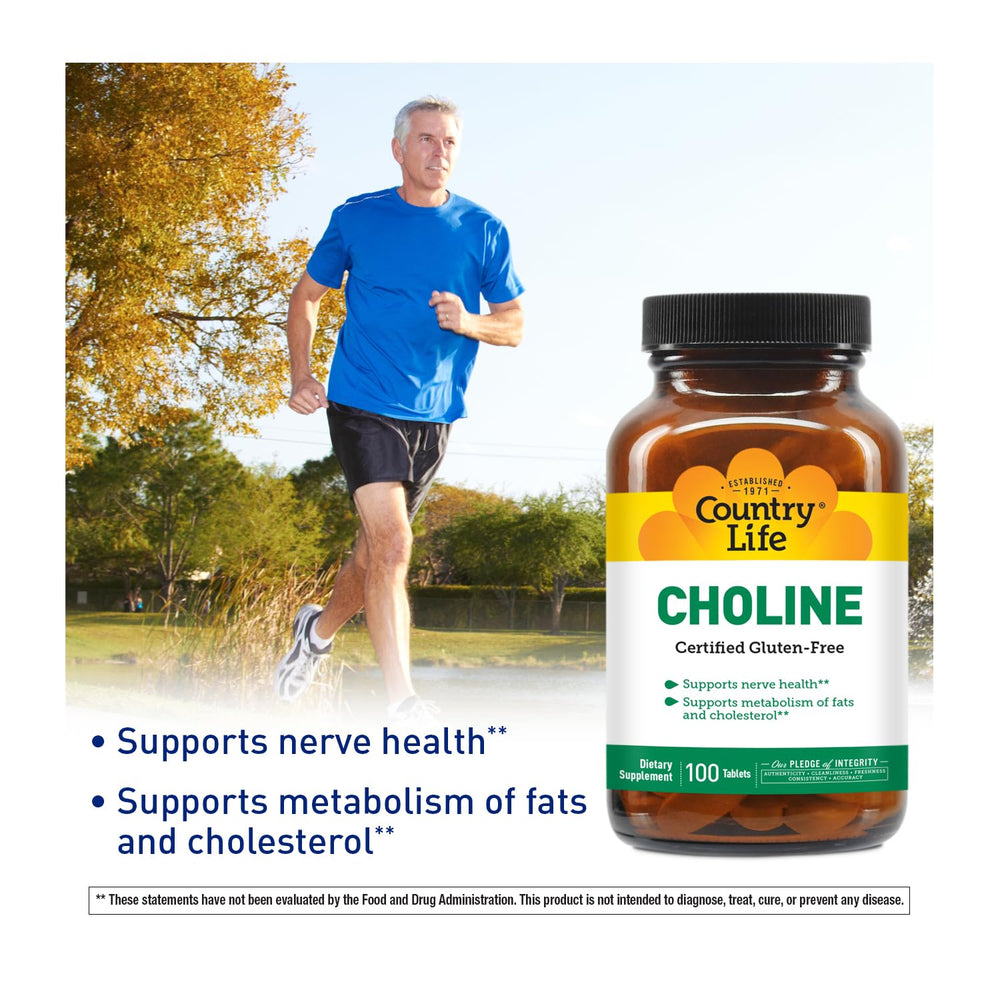 Close-up of Country Life Choline 266mg tablets for daily wellness use.
