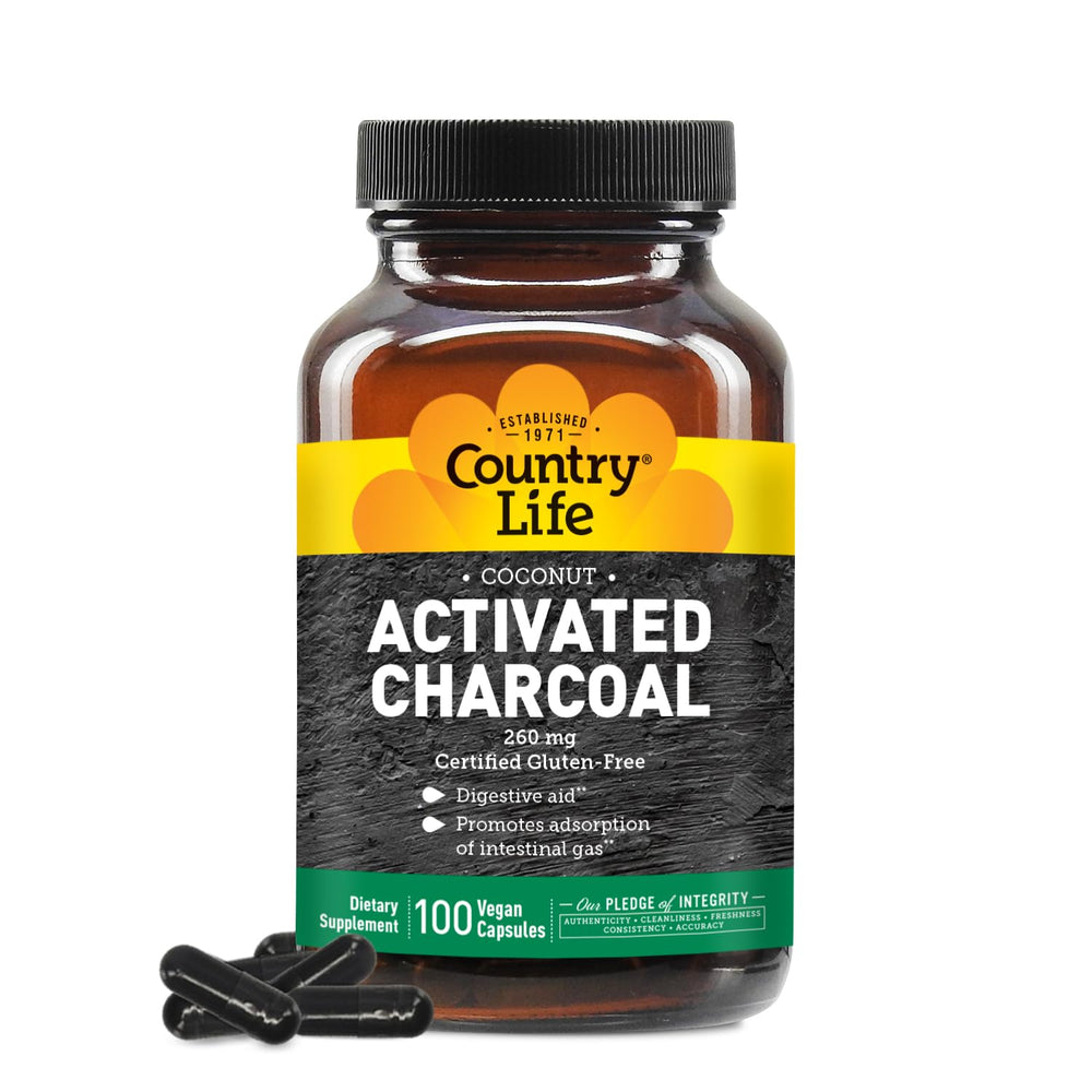Country Life Coconut Activated Charcoal Capsules bottle shows vegan, gluten-free digestive support.