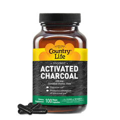 Country Life Coconut Activated Charcoal Capsules bottle shows vegan, gluten-free digestive support.