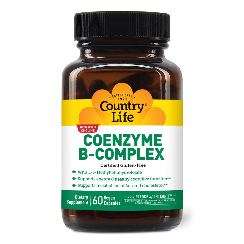 Country Life Coenzyme B-Complex bottle front, vegan and gluten-free, for daily energy support.