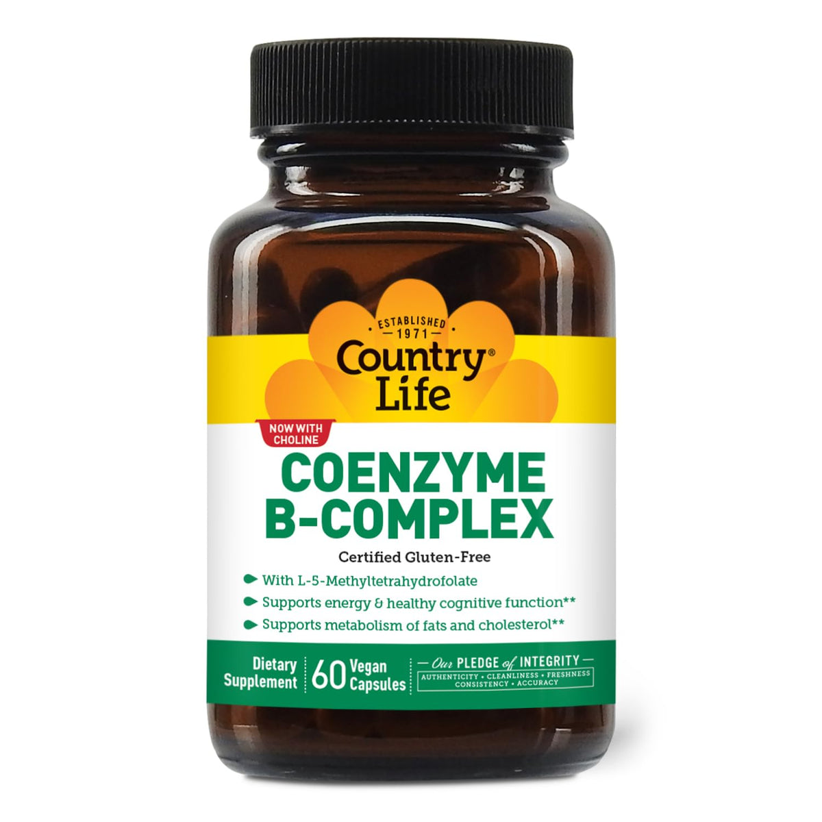 Country Life Coenzyme B-Complex bottle front, vegan and gluten-free, for daily energy support.