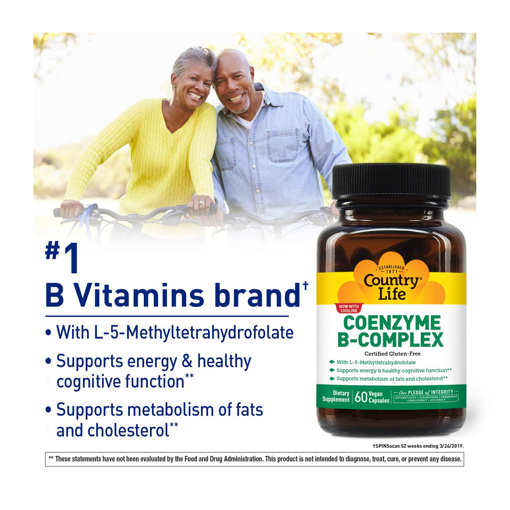 Country Life Coenzyme B-Complex capsules closeup, easy-to-swallow design for everyday wellness.