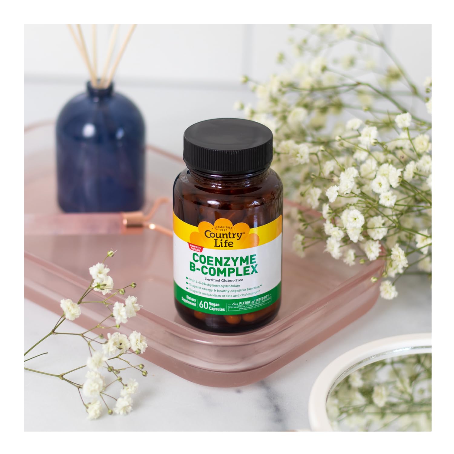 Country Life Coenzyme B-Complex label detail, featuring bioavailable vitamins and choline.