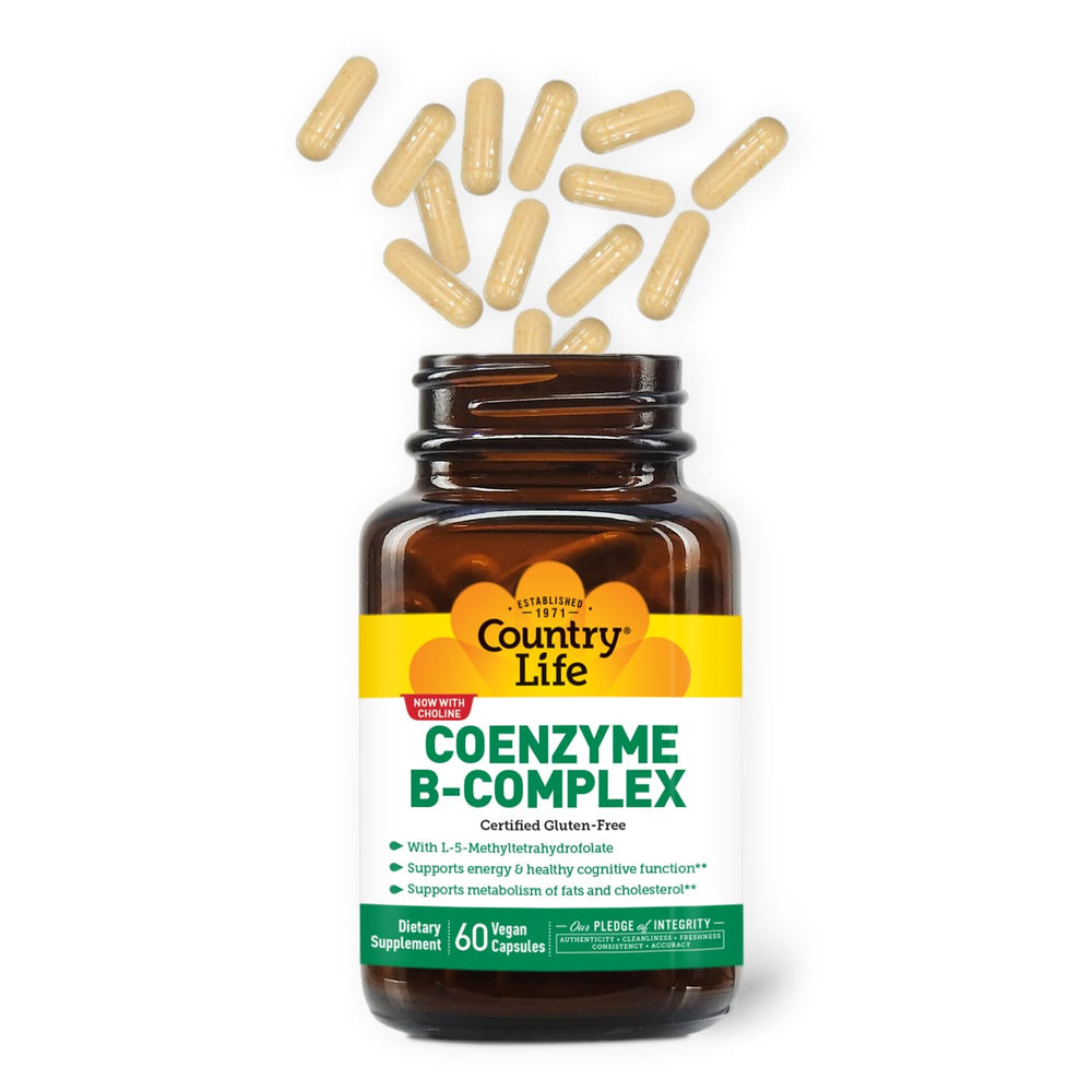Country Life Coenzyme B-Complex bottle with vegan seal signaling clean ingredients.