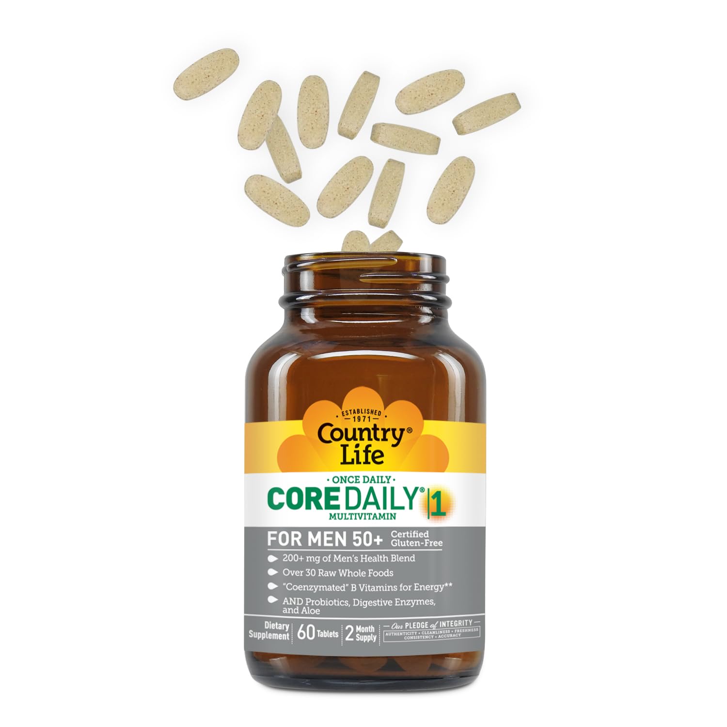 Country Life CORE Daily-1 Men 50+ bottle label closeup showing gluten-free certification