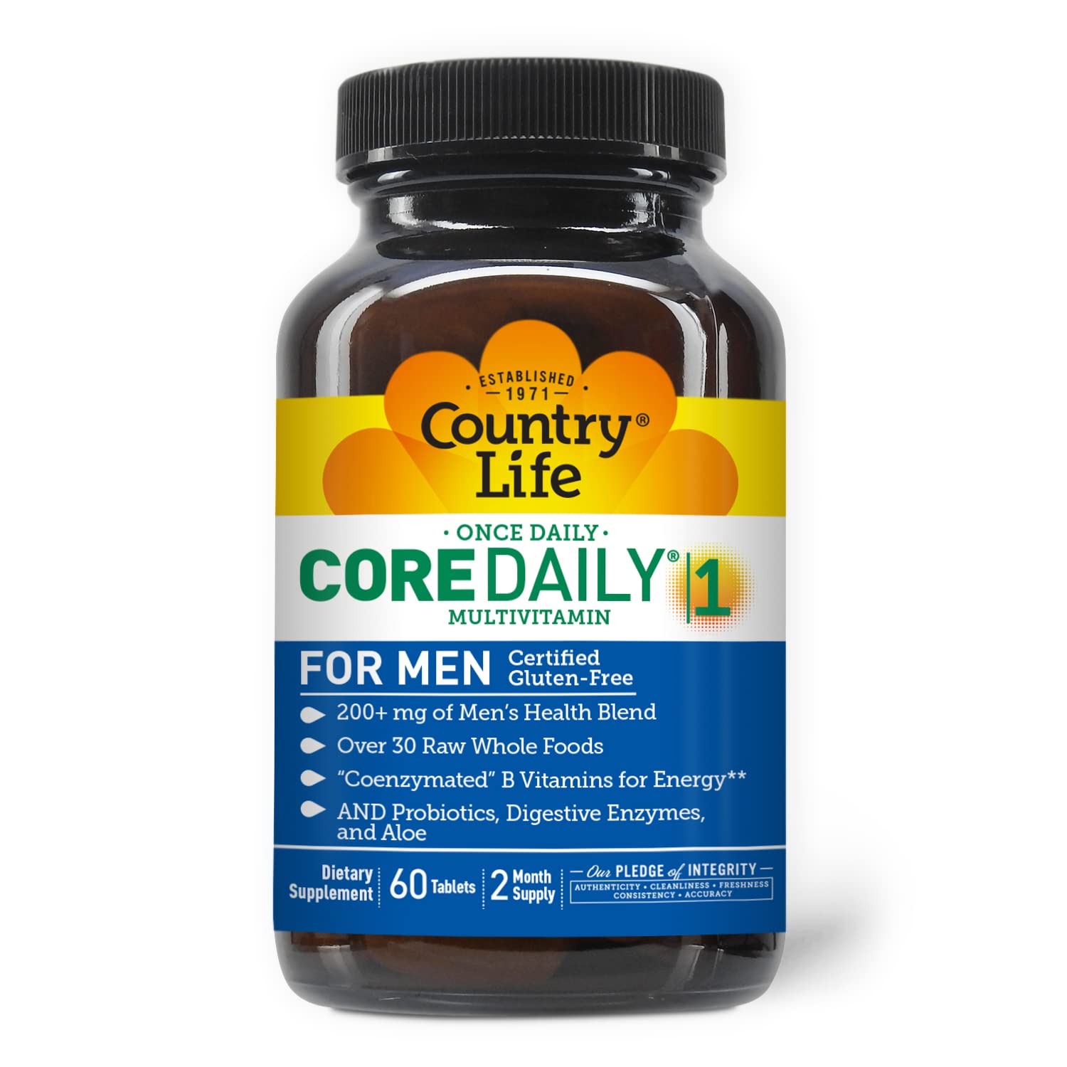 Country Life Core Daily-1 for Men bottle showcases gluten-free multivitamin for daily wellness.