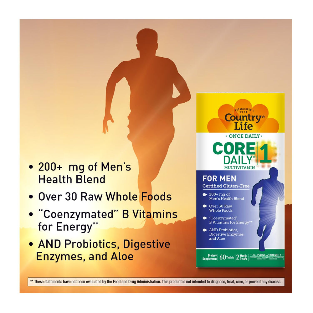 Country Life Core Daily-1 for Men tomato lycopene encapsulation suggests antioxidant support.