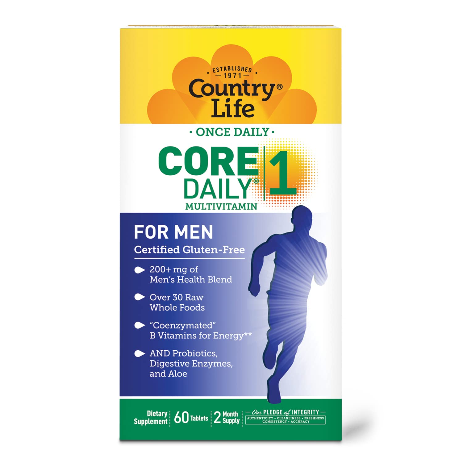 Country Life Core Daily-1 for Men bottle includes saw palmetto and pumpkin seed ingredients.