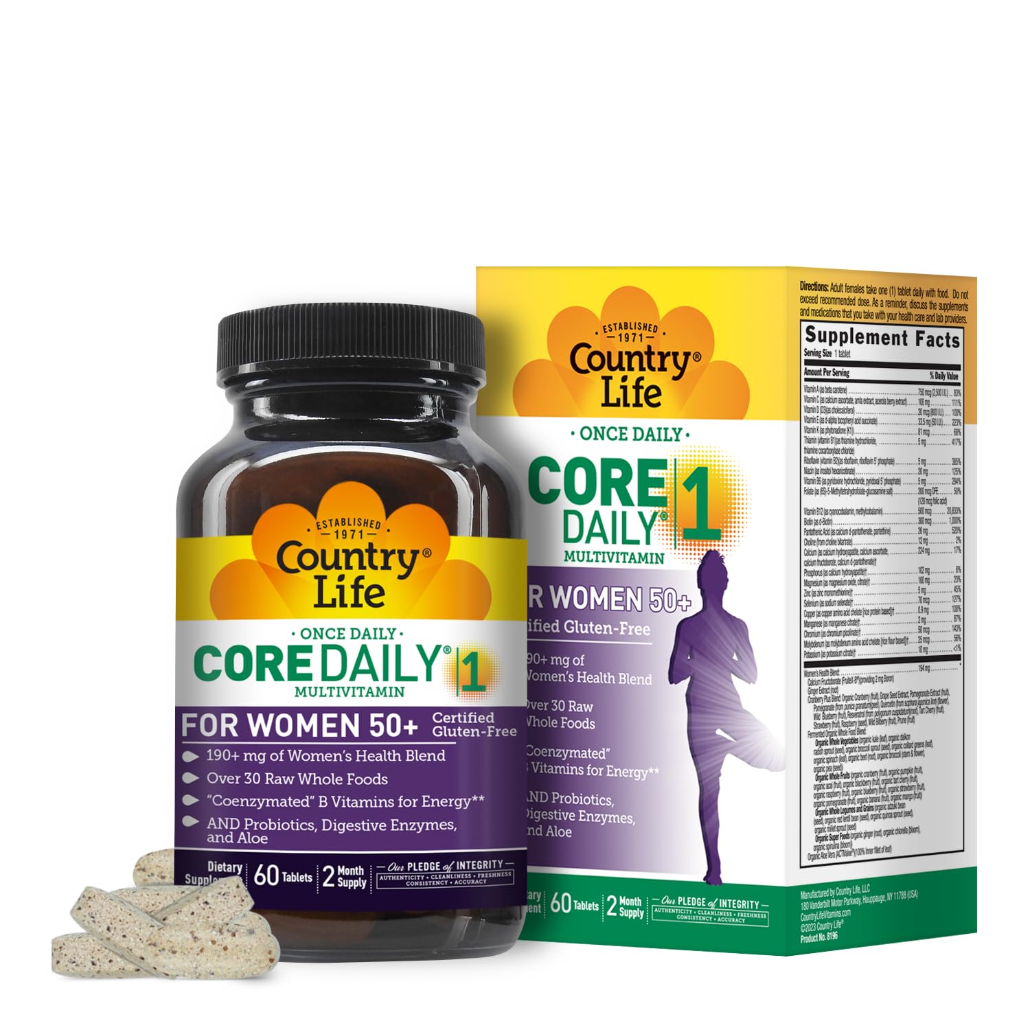 Country Life CORE Daily-1 for Women 50+ bottle front view highlighting branding and daily nutrition