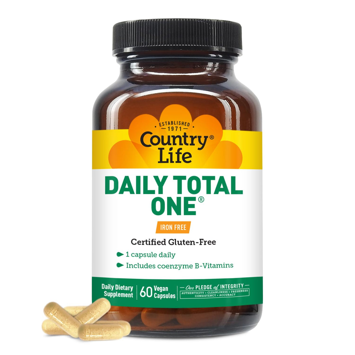 Country Life Daily Total One bottle front view highlights a convenient, one-capsule daily nutrition option.