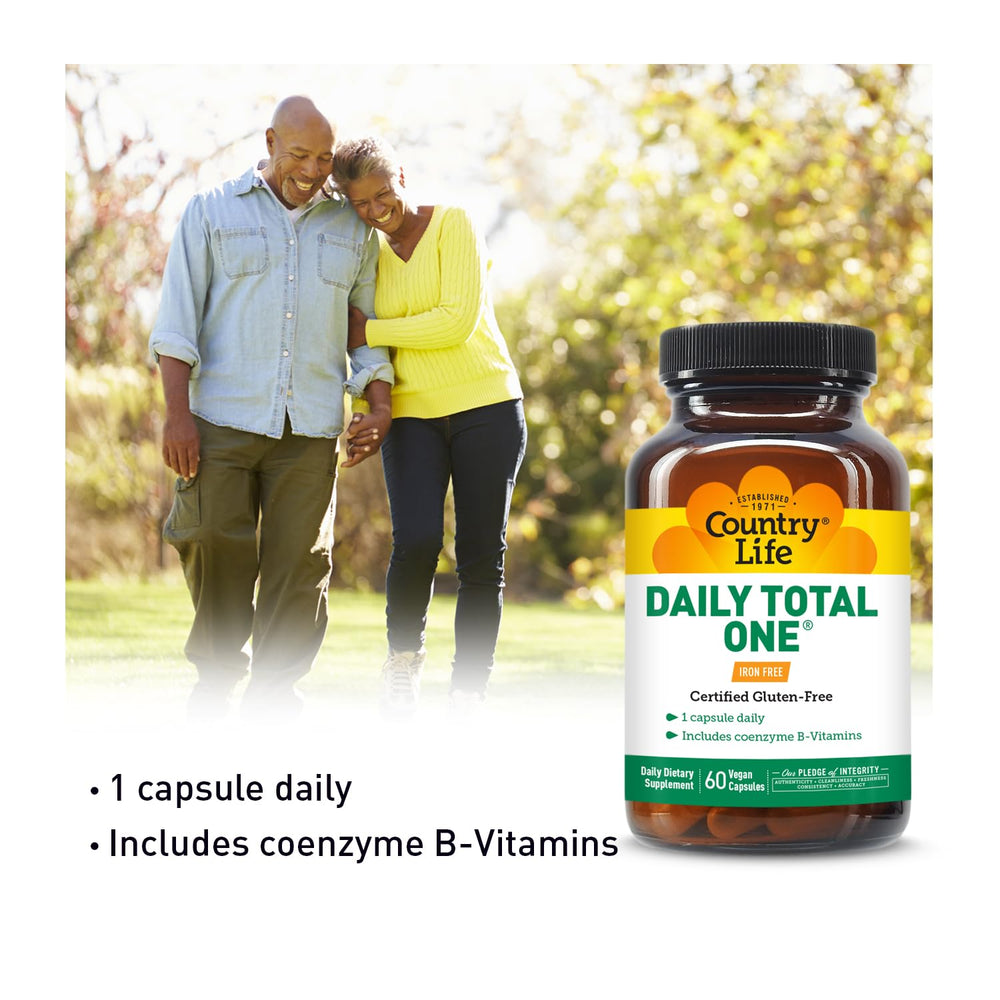Country Life Daily Total One bottle label closeup shows vegan and gluten-free formulation.