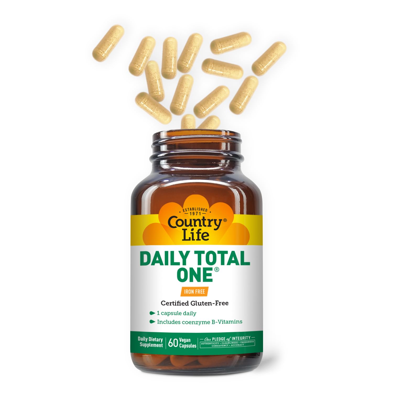 Country Life Daily Total One bottle side view emphasizes compact packaging for daily use.