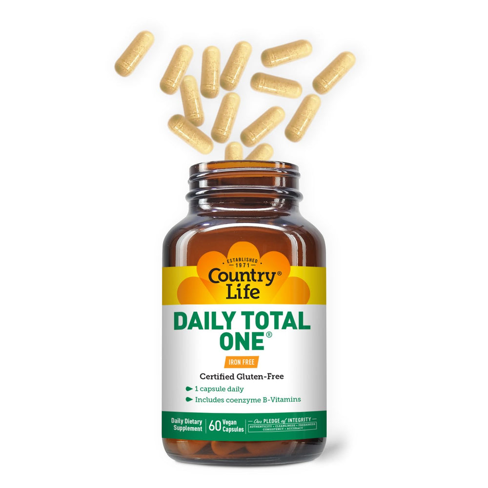 Country Life Daily Total One bottle side view emphasizes compact packaging for daily use.