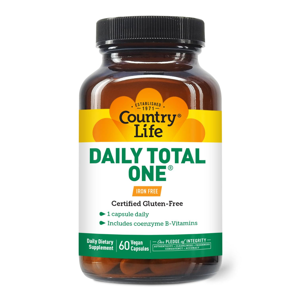 Country Life Daily Total One vegan capsules closeup showcases plant-based nutrition support.