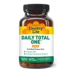 Country Life Daily Total One vegan capsules closeup showcases plant-based nutrition support.