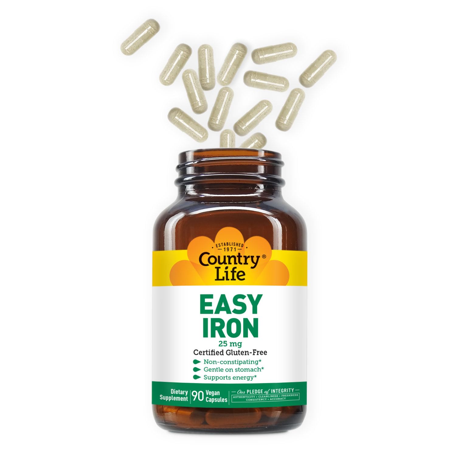 Glass of water beside Country Life Easy Iron capsules for easy daily use.