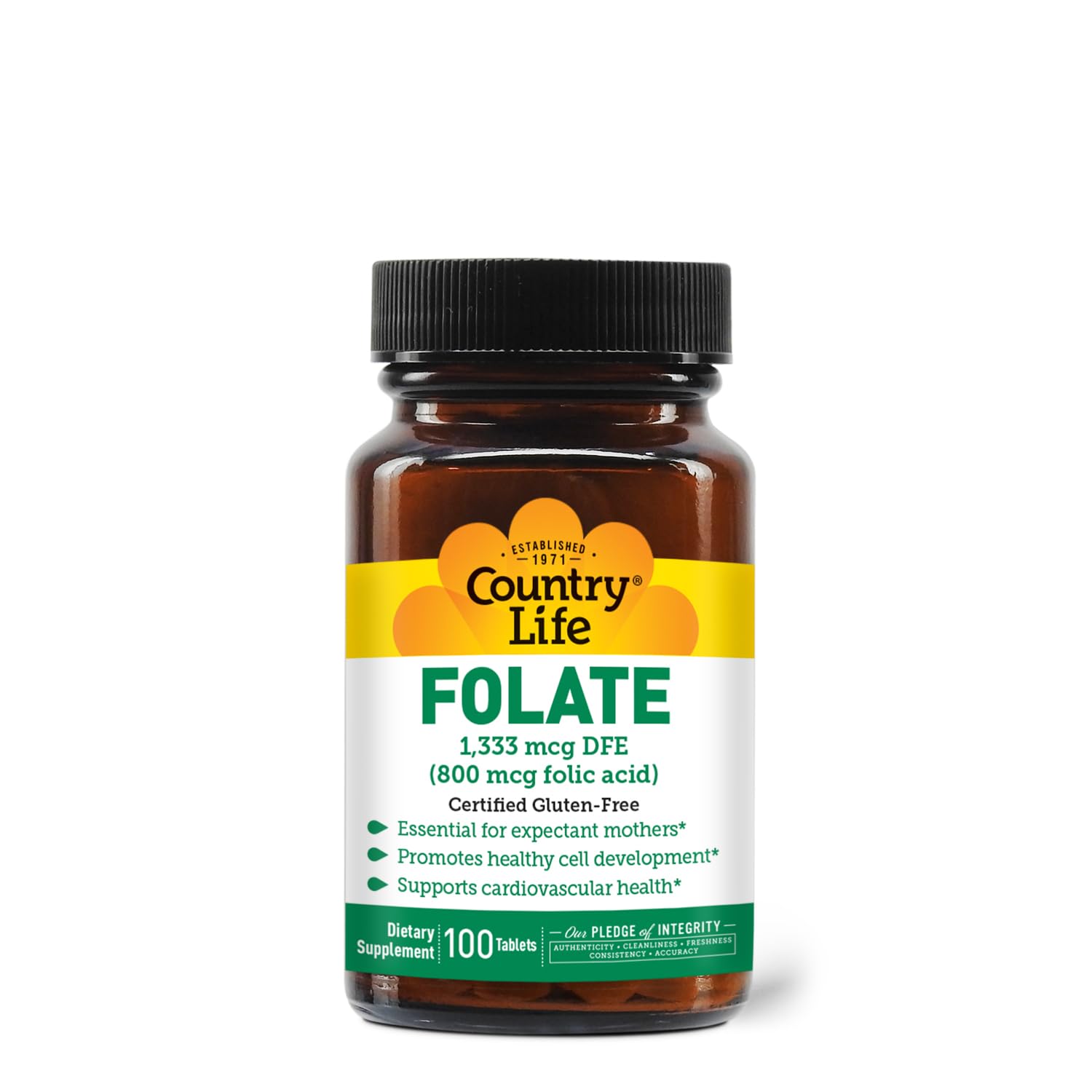 Country Life Folate 800 mcg bottle front showing packaging and label for essential B vitamin support