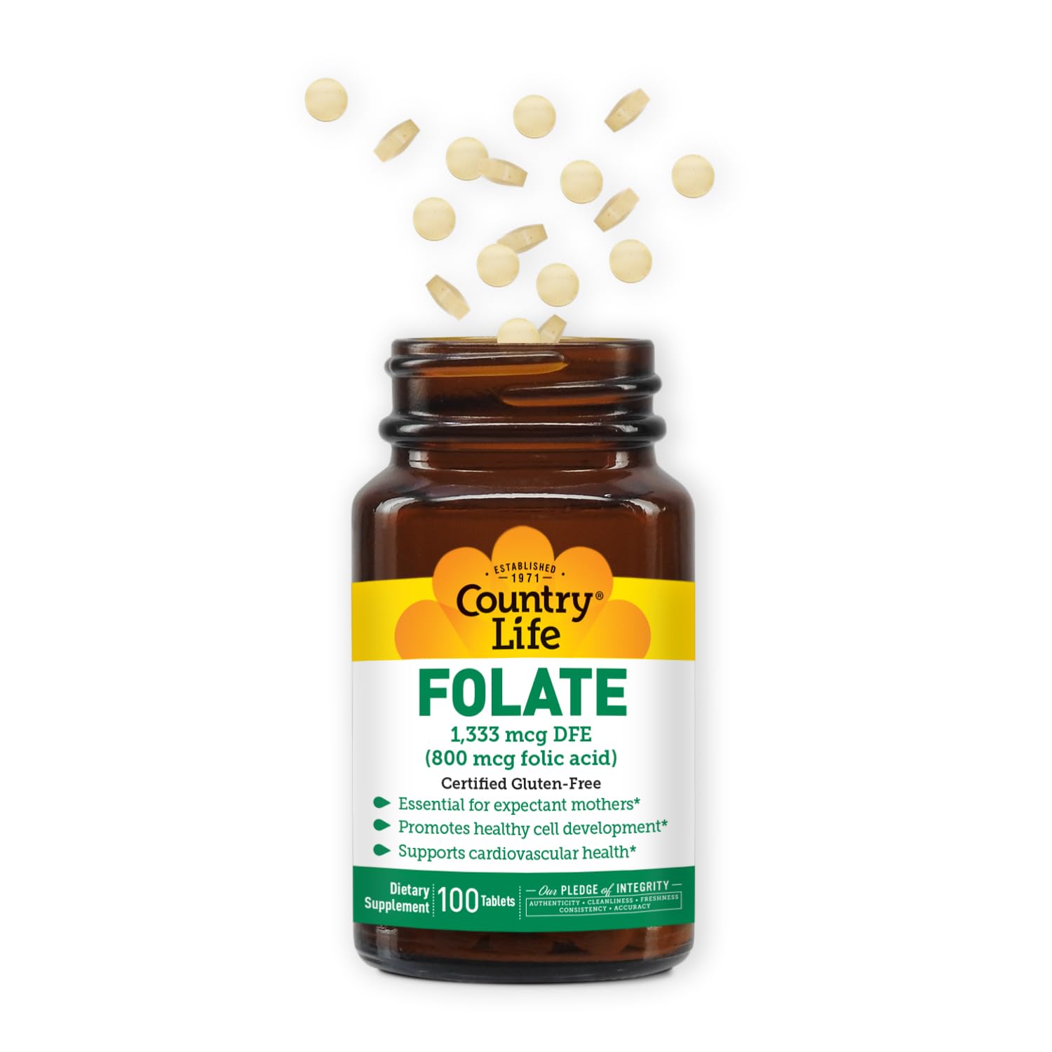 Country Life Folate 800 mcg bottle pour for easy daily supplementation