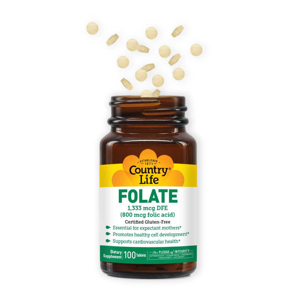 Country Life Folate 800 mcg bottle pour for easy daily supplementation