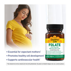 Country Life Folate 800 mcg gluten-free and kosher icons on packaging