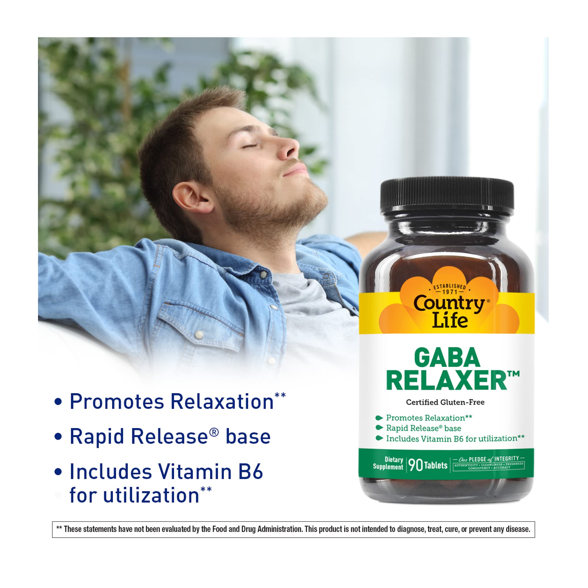 Country Life GABA Relaxer bottle side-view featuring vegan, gluten-free certification and clean ingredients.