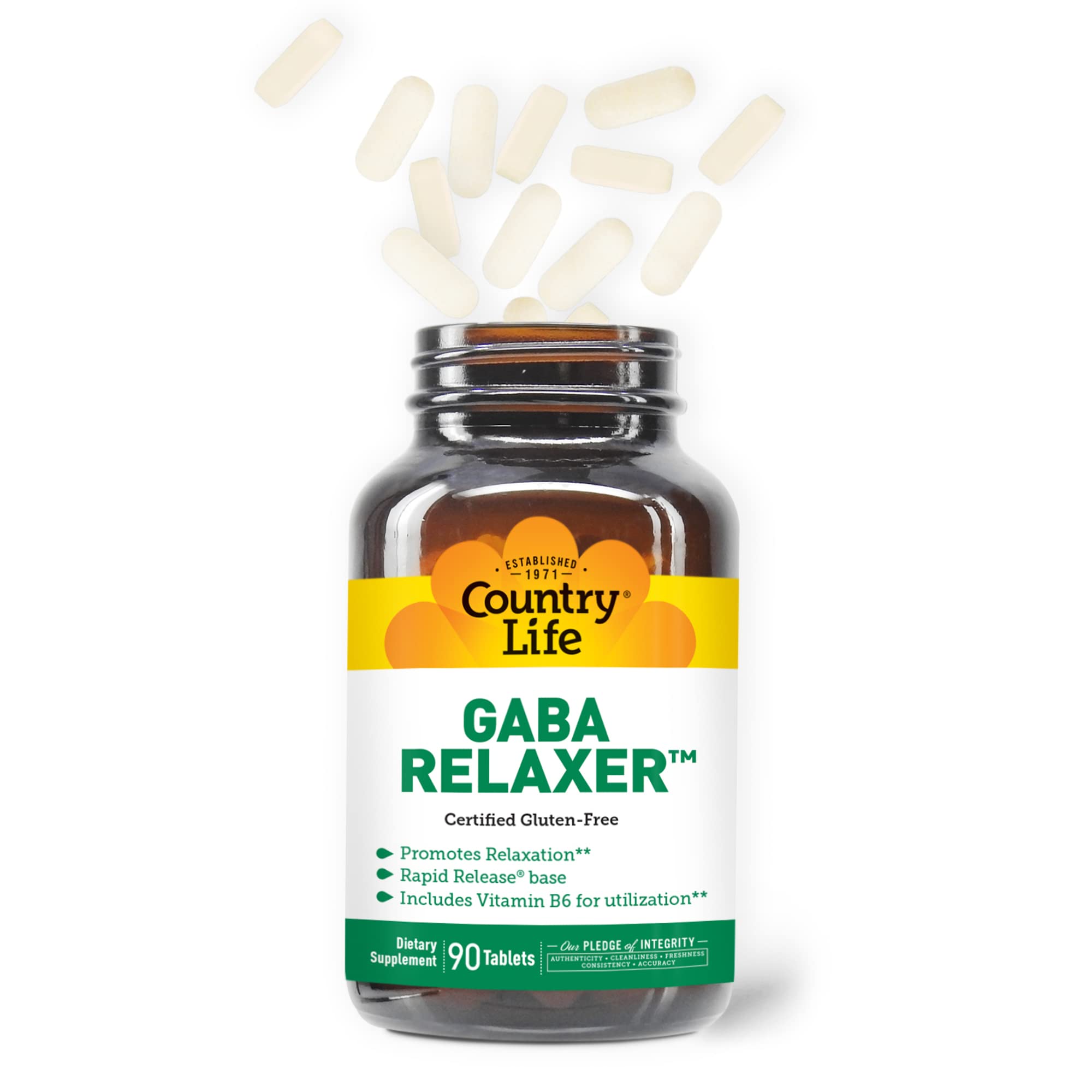 Country Life GABA Relaxer tablets dispensed showing rapid-release format for quick absorption.