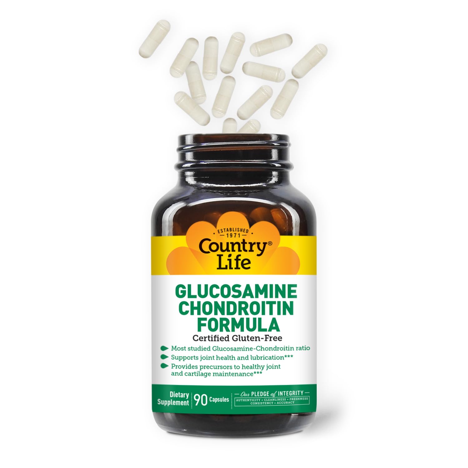 Country Life Glucosamine Chondroitin bottle packshot shows gluten-free, Non-GMO formulation.