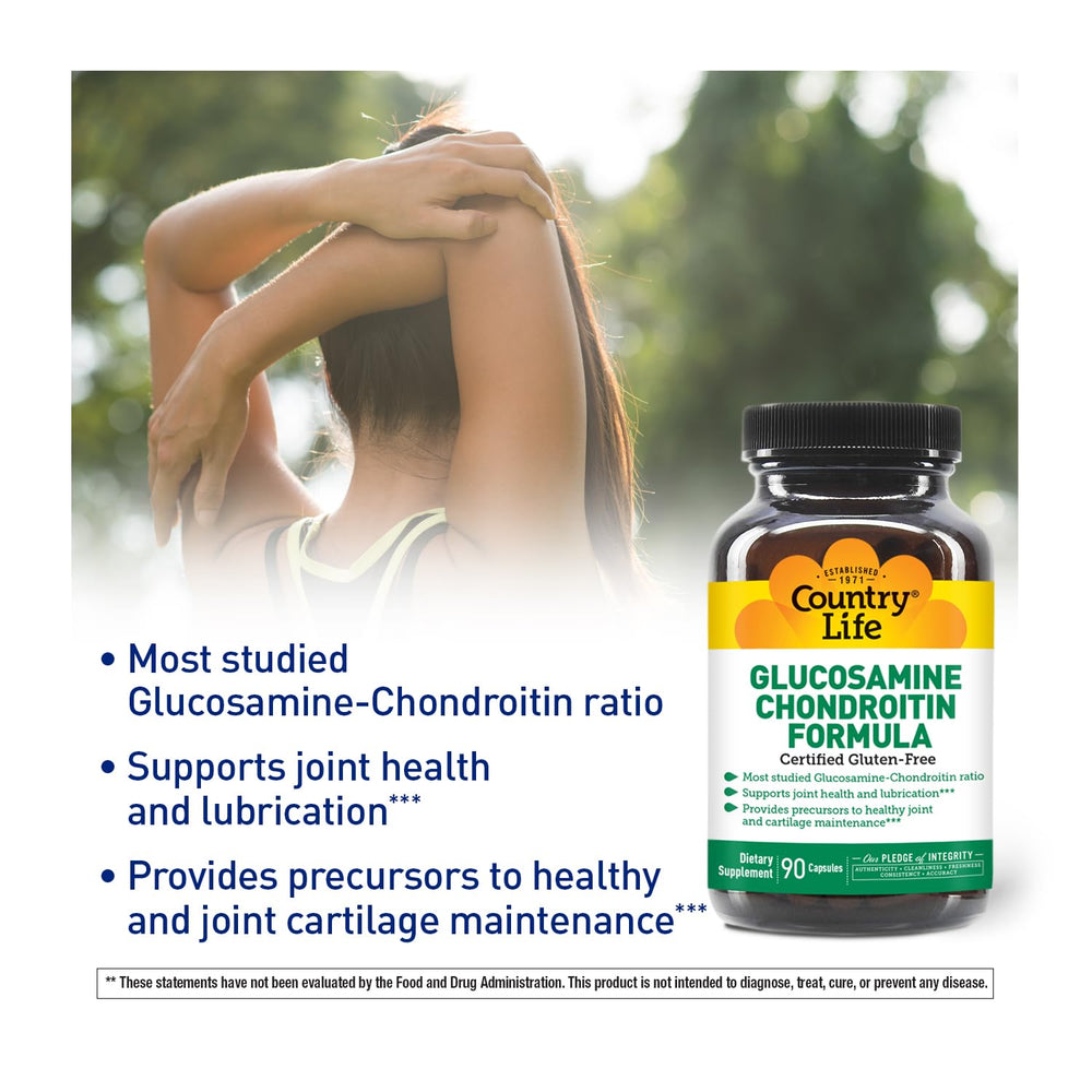 Country Life Glucosamine Chondroitin ingredients panel reveals primary nutrients.