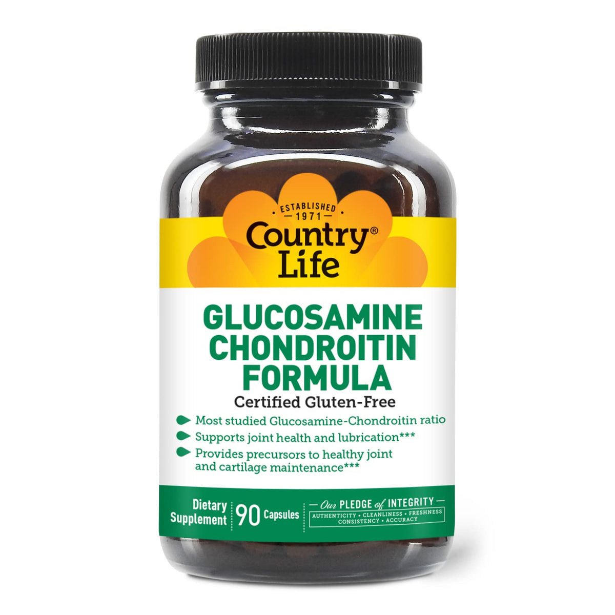 Country Life Glucosamine Chondroitin label close-up highlighting joint-support ingredients.