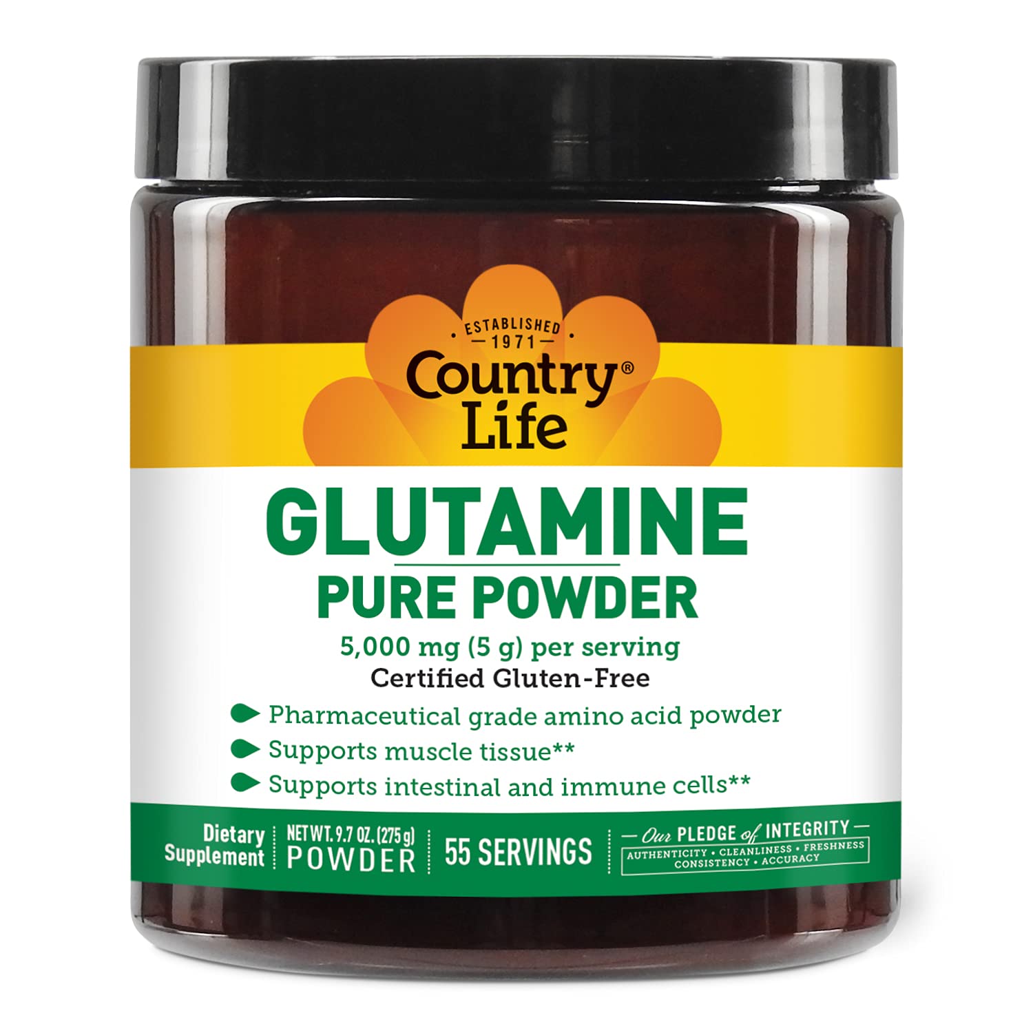 Country Life Glutamine Pure bottle with label; supports post-workout recovery and immune resilience.