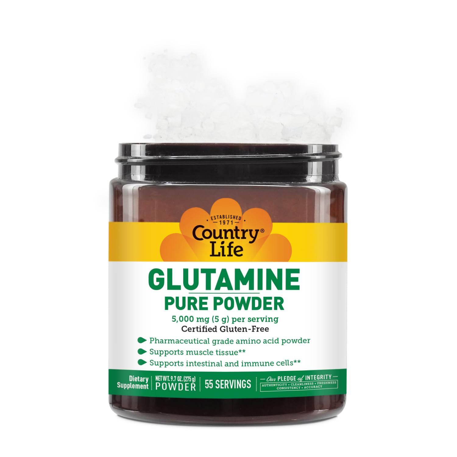 Country Life Glutamine Pure close-up of label; GFCO gluten-free certification for sensitive athletes.