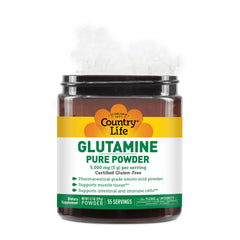 Country Life Glutamine Pure close-up of label; GFCO gluten-free certification for sensitive athletes.