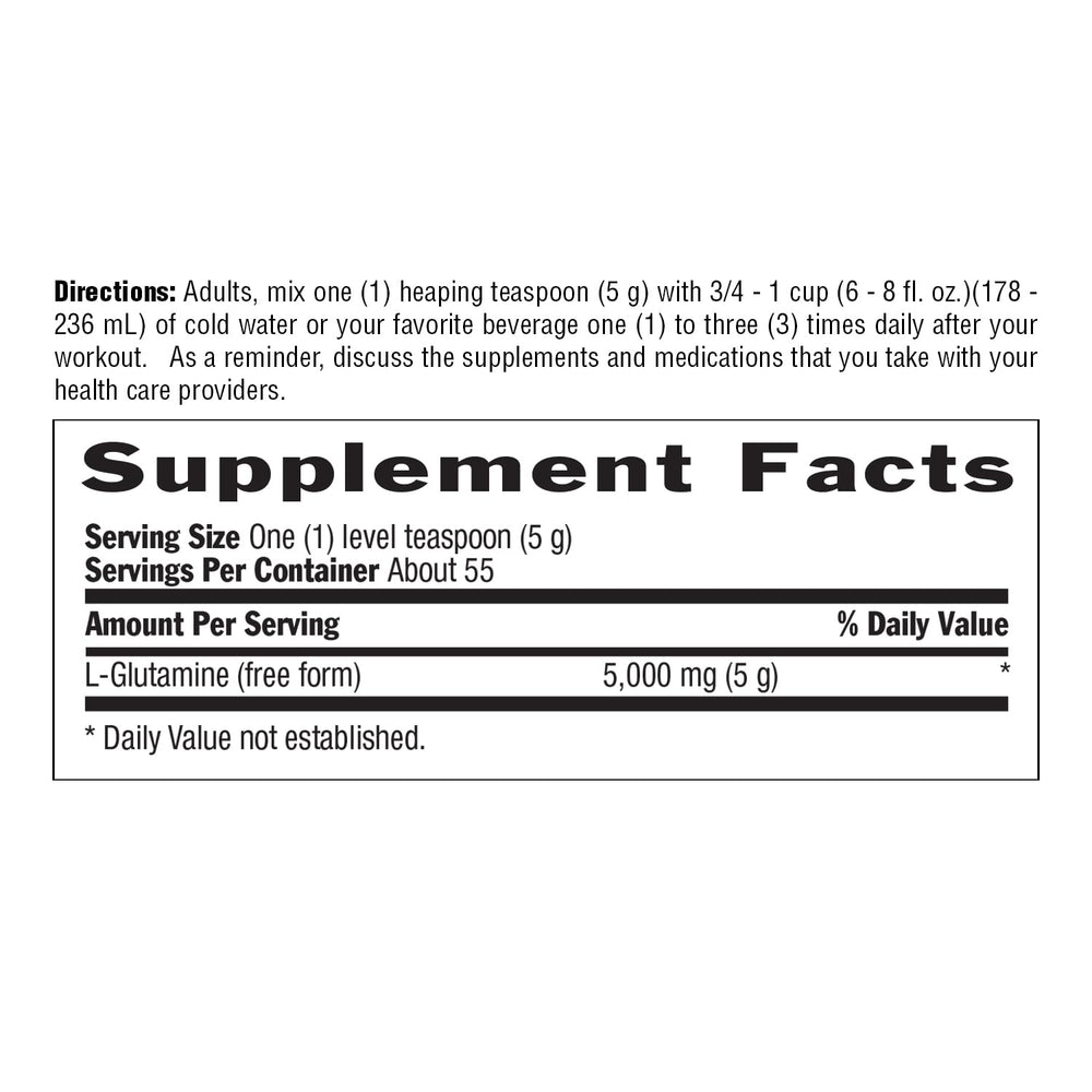 Country Life Glutamine Pure powder being mixed; fast absorption supports muscle repair.