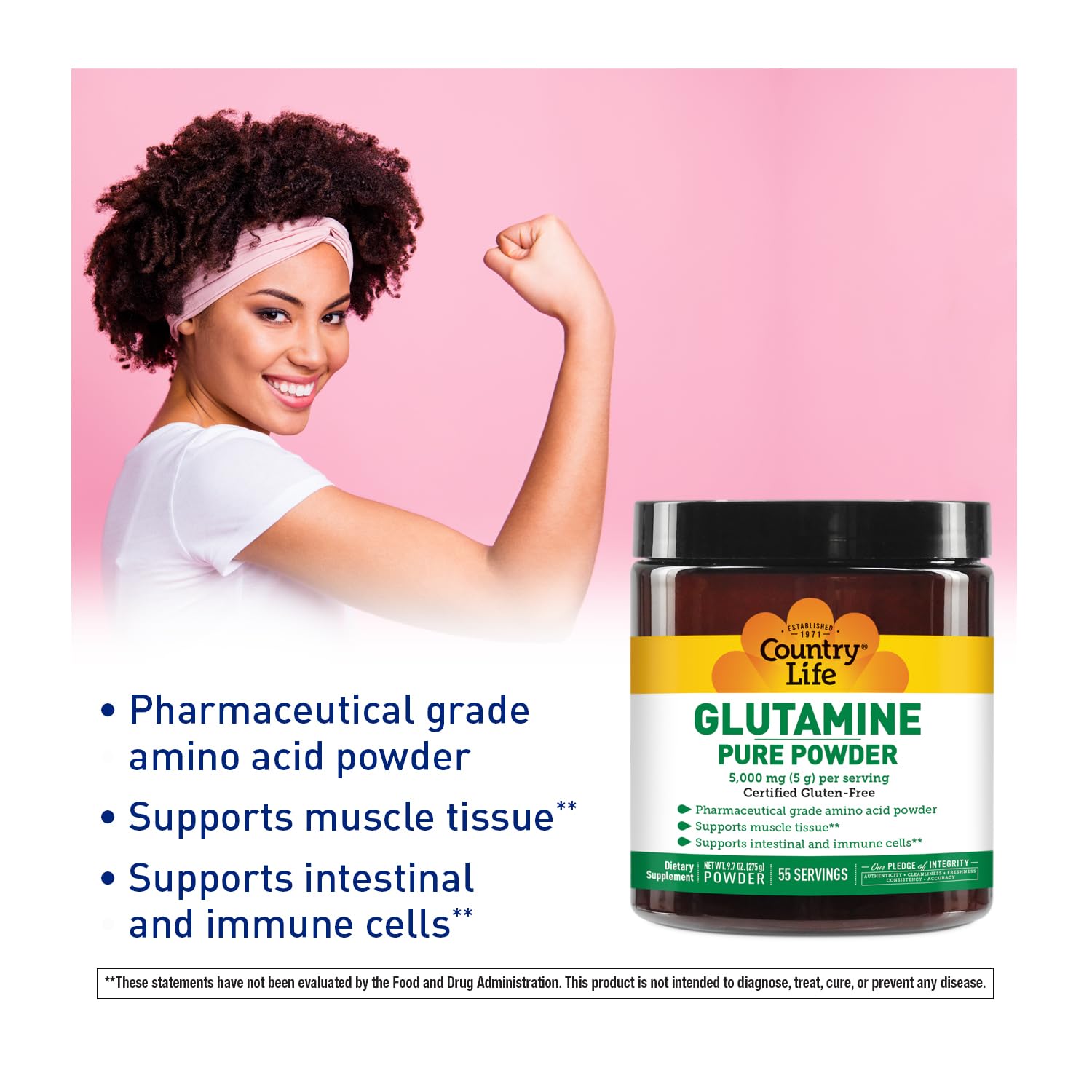 Country Life Glutamine Pure scoop; easy pre- or post-workout amino acid boost.