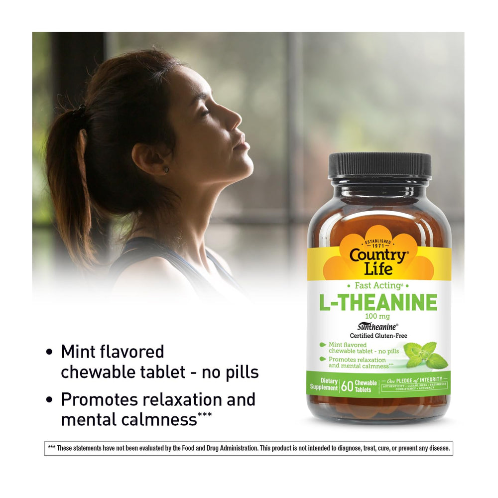 Country Life L-Theanine mint-flavored chewables pack for daily use.