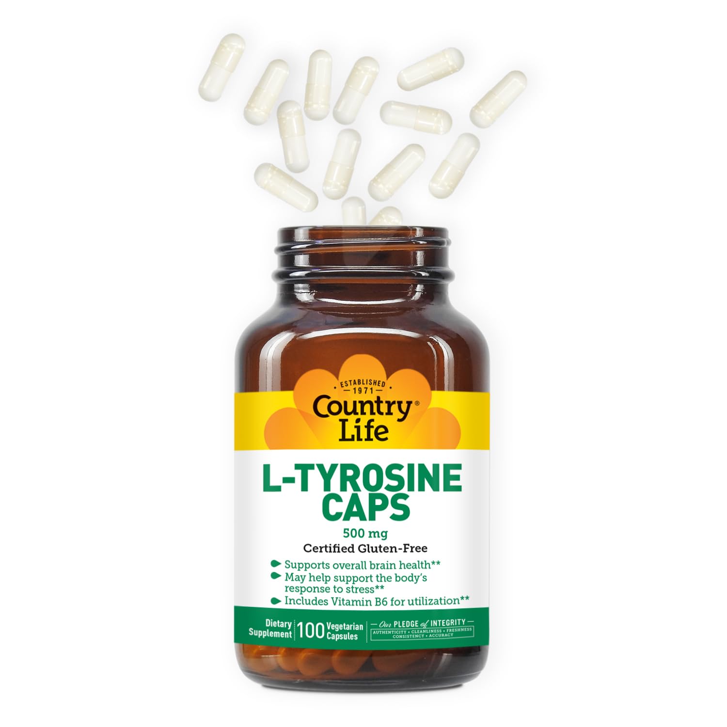 Country Life L-Tyrosine 500mg bottle on desk, ideal daily companion for focus.