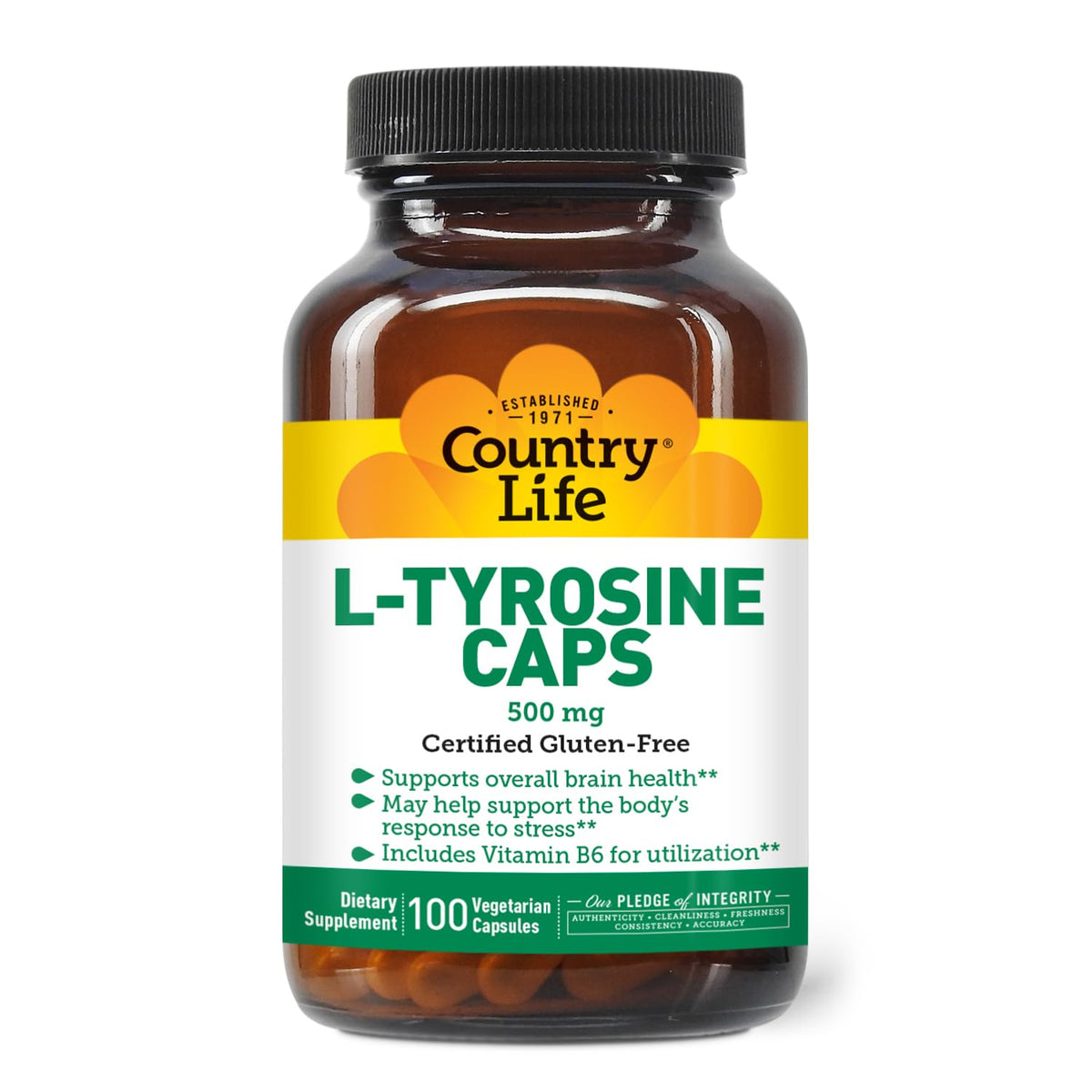 Country Life L-Tyrosine 500mg bottle showing clear focus-friendly packaging.