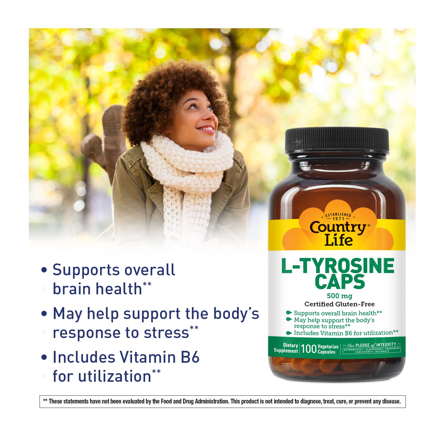Country Life L-Tyrosine 500mg label close-up, gluten-free, vegetarian formula for focus.