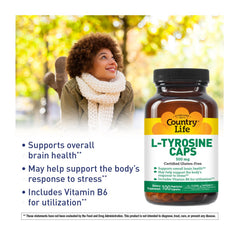 Country Life L-Tyrosine 500mg label close-up, gluten-free, vegetarian formula for focus.