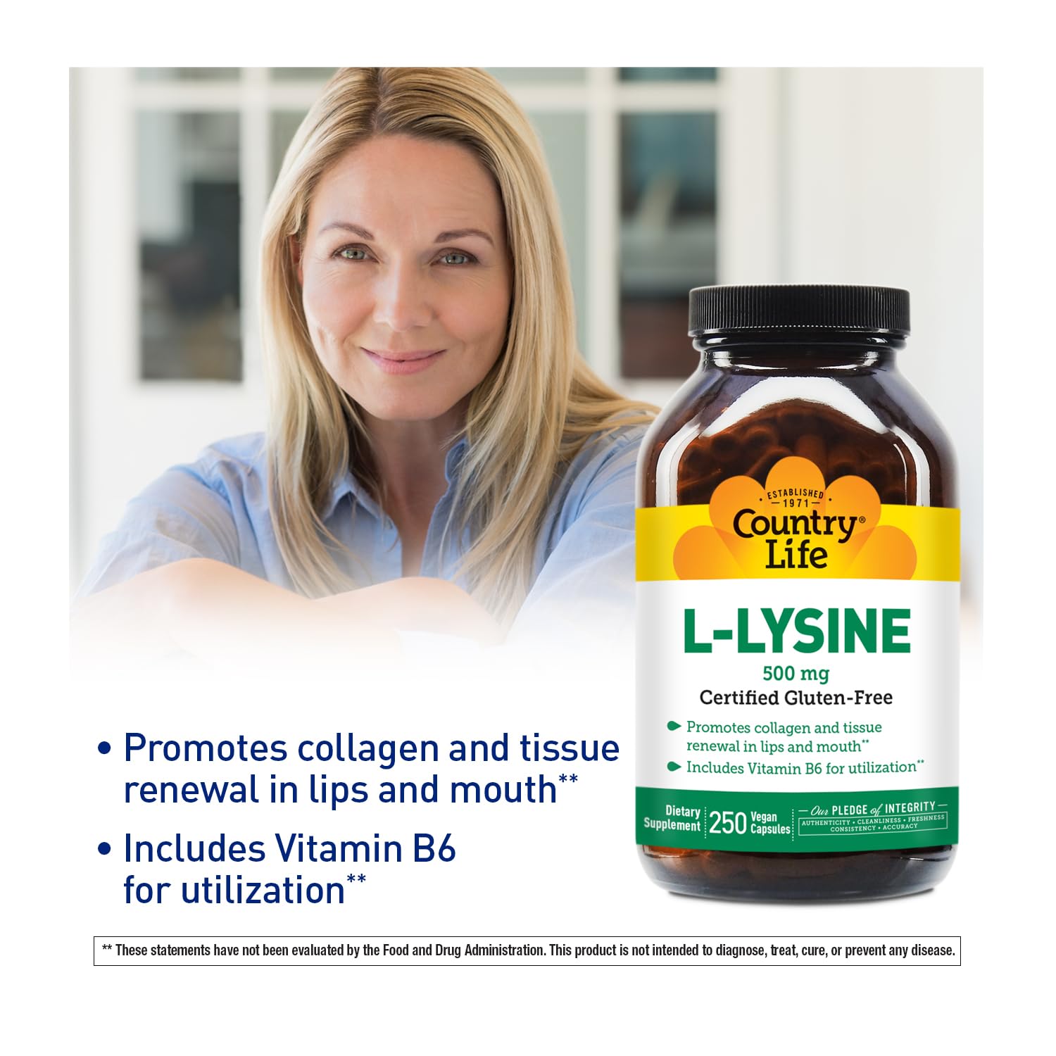 Close-up of Country Life L-Lysine 500mg capsules for easy daily use