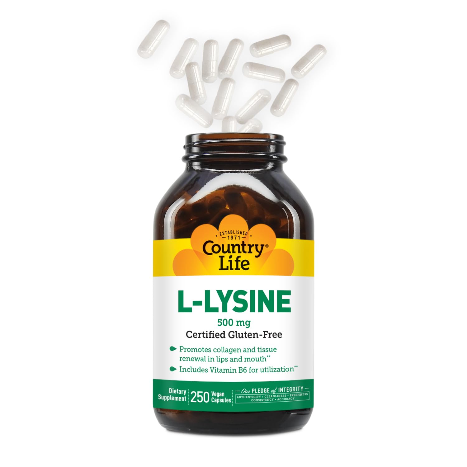 Country Life L-Lysine 500mg label with vegan and gluten-free certifications