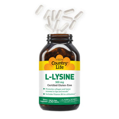 Country Life L-Lysine 500mg label with vegan and gluten-free certifications