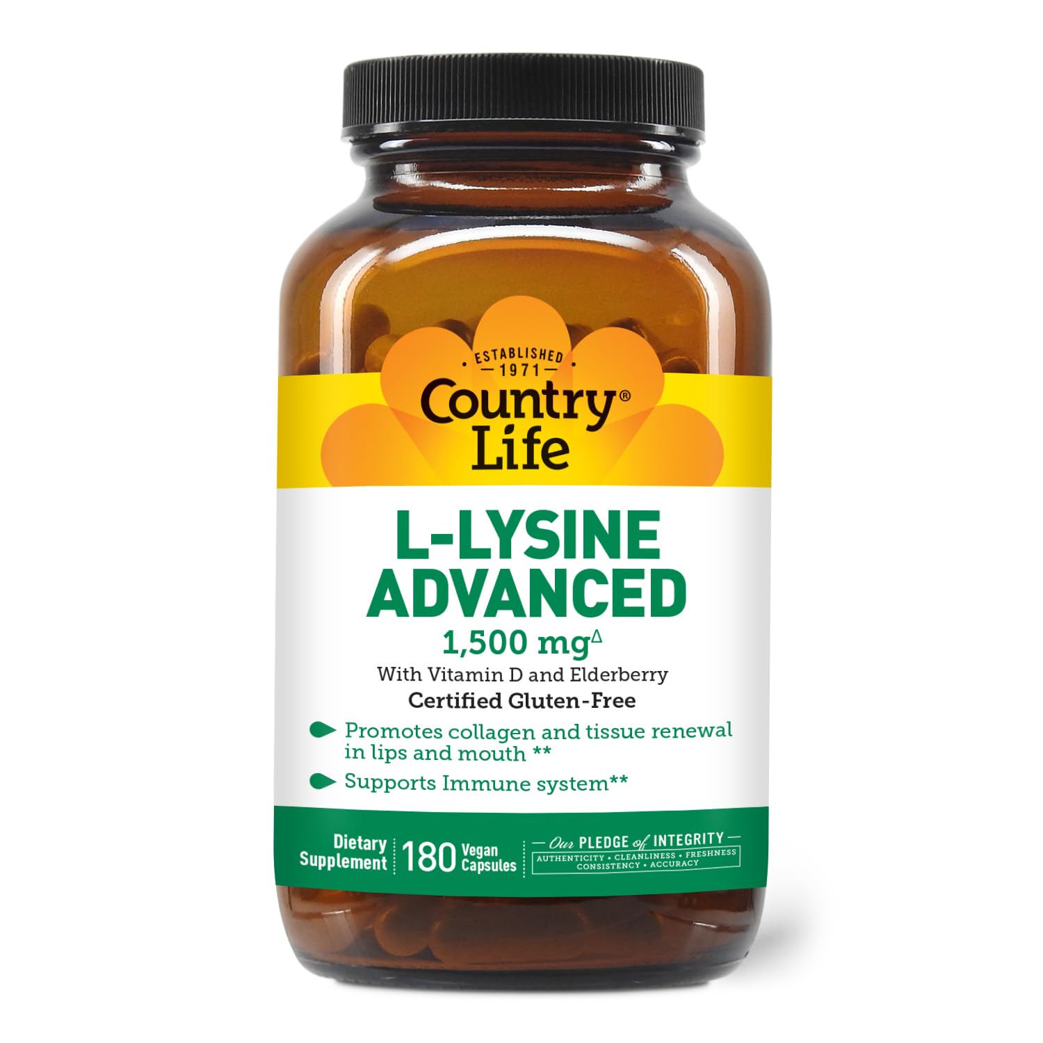 Country Life L-Lysine 1500mg capsules bottle close-up for collagen support.