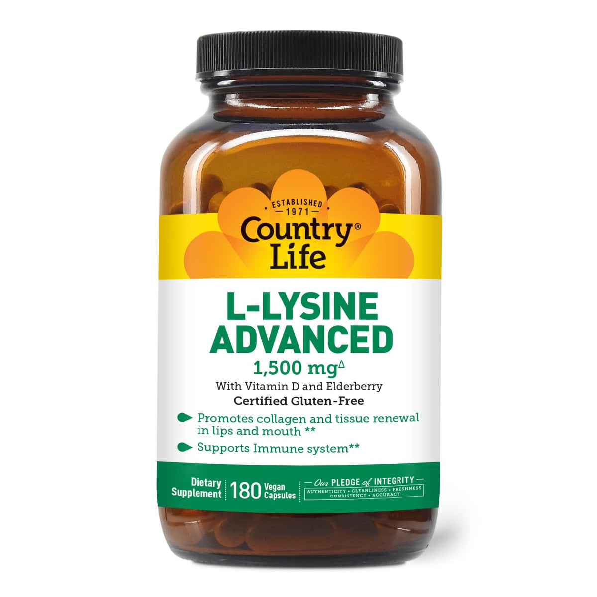 Country Life L-Lysine 1500mg capsules bottle close-up for collagen support.