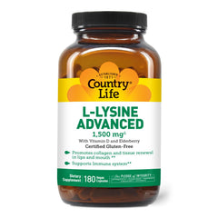Country Life L-Lysine 1500mg capsules bottle close-up for collagen support.