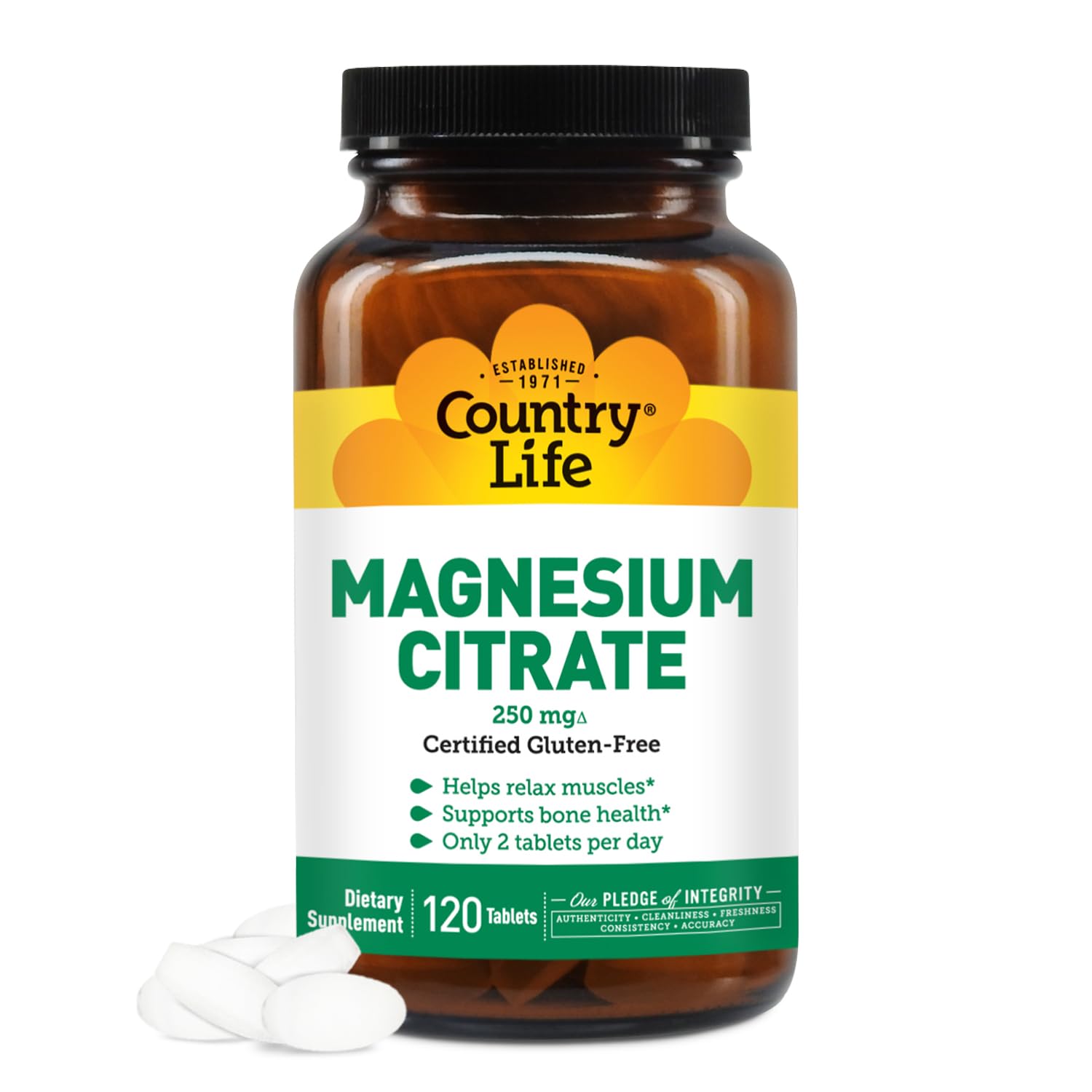 Country Life Magnesium Citrate bottle with 120 tablets for daily energy support.
